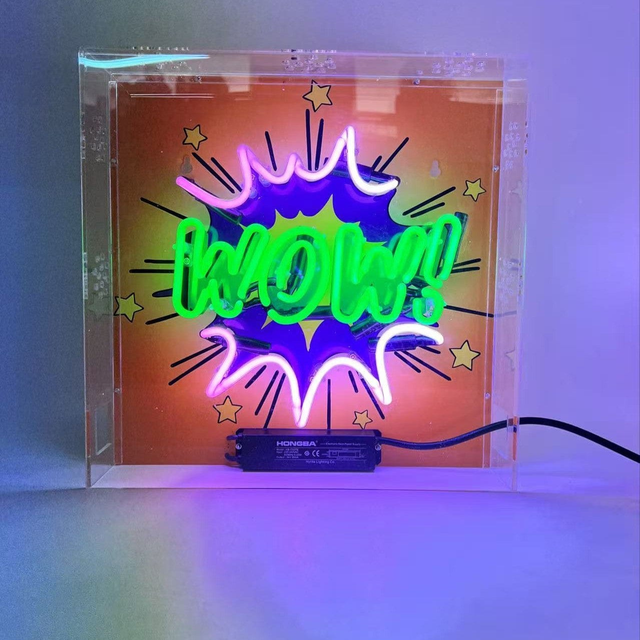"Wow" Glass Neon Lamp in Acrylic Box by Neon Icons